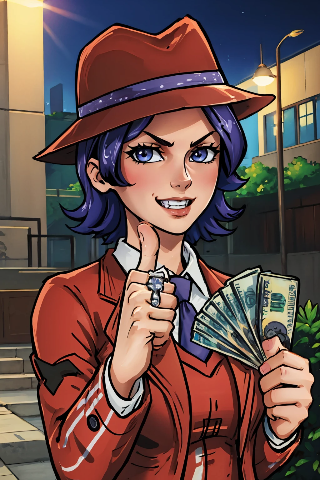 (masterpiece, best quality:1.2), <lora:athenabl:.9>, athenabl, 1girl, solo, <lora:gangstersb:0.85>, gangstersb, upper body, money, holding, holding money, thumbs up, hat, suit, jewelry, necktie, grin,