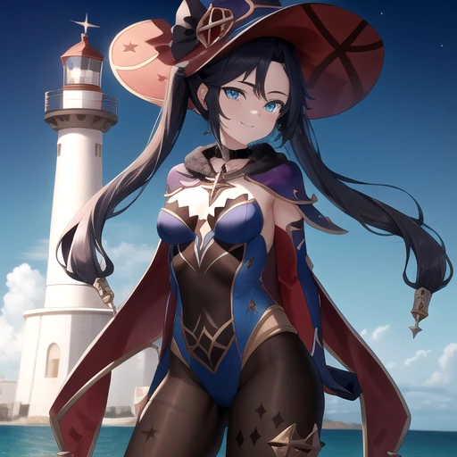 ((masterpiece)),(best quality),official art,extremely detailed CG,unity 8k wallpaper,ultra detailed,A lighthouse on a cliff by the sea,1girl,solo,cowboy shot,looking at viewer,smile,witch_hat,twintails,jewelry,cape,long_hair,black_hair,black_gloves,medium_breasts,black_pantyhose,black_choker,aqua_eyes,bangs,bodystocking,hair_ornament,purple_headwear,detached_sleeves,blue_leotard,star_earrings,<lora:Mona(gen)>,