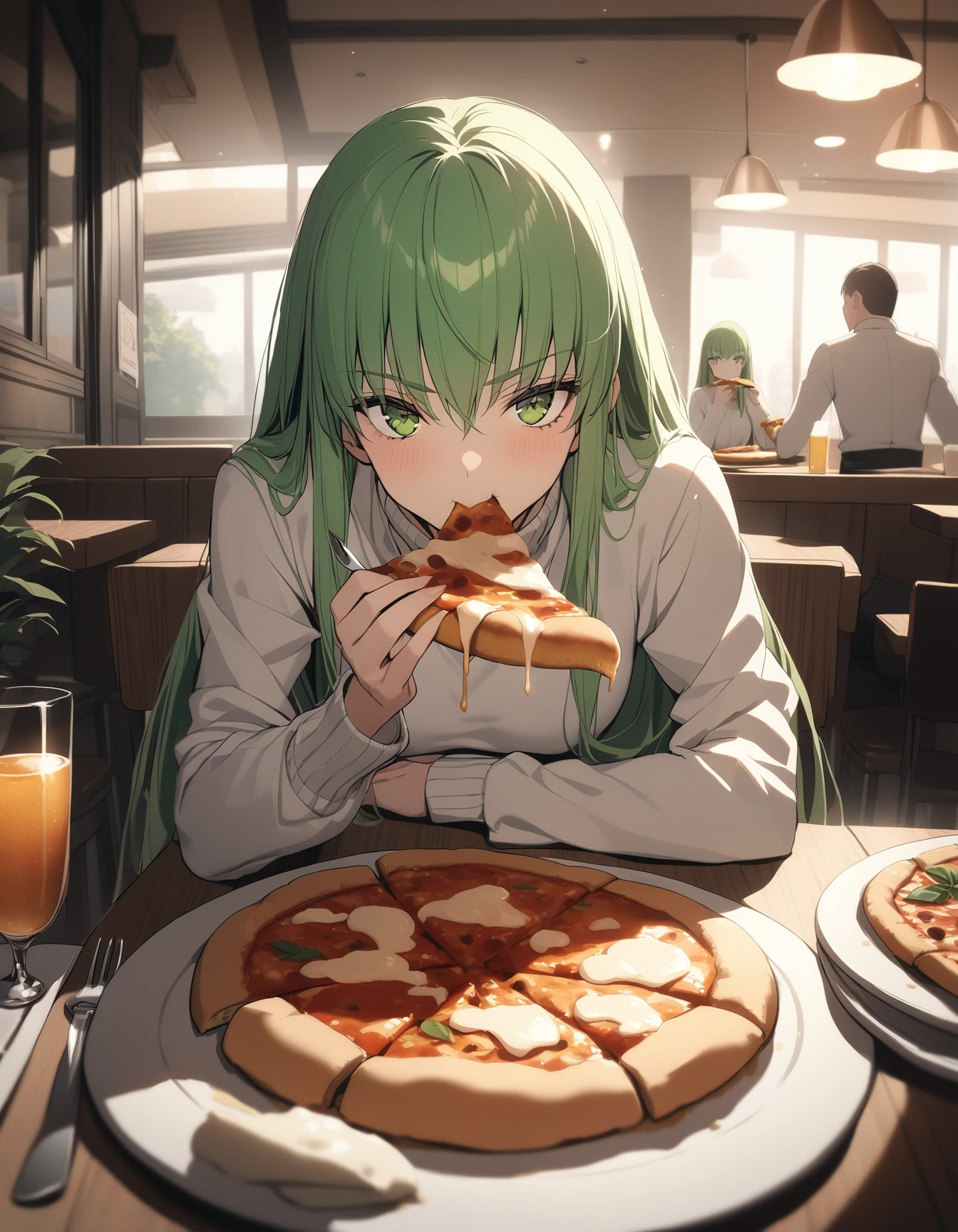 1girl, c.c., code geass, white shirt, long sleeves, turtleneck, sitting, looking at viewer, eating, pizza, plate, fork, knife, table, chair, table, restaurant, cinematic angle, cinematic lighting, masterpiece, best quality