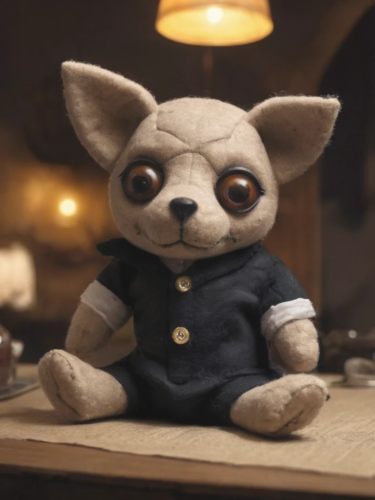 voodstyle, picture of a dog doll drinking tea, deep shadows, perfect composition, cozy kitchen, warm light, atmospheric, <lora:- SDXL - voodstyle_ Voodoofy_V1.0:0.9>