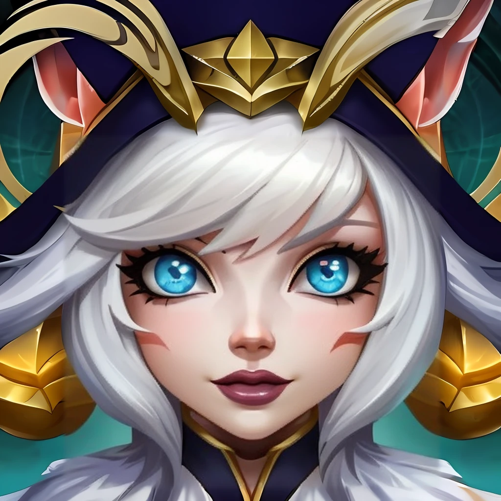 HEZI,LOL style,Summoner Avatar,Game avatar,Western cartoon game style,1girl,solo,nose piercing,red hair,piercing,hair over one eye,makeup,looking at viewer,portrait,facial mark,animal ears,official alternate costume,yellow eyes,lipstick,long hair,hat,red lips,closed mouth,bangs,hair over shoulder,ear piercing,hood,lips,close-up,slit pupils,hair ornament,smile,orange eyes,ears through headwear,eyeshadow,ponytail,black headwear,<lora:çåç³»åââlolå¬å¤å¸å¤´å飿 ¼:0.7>,