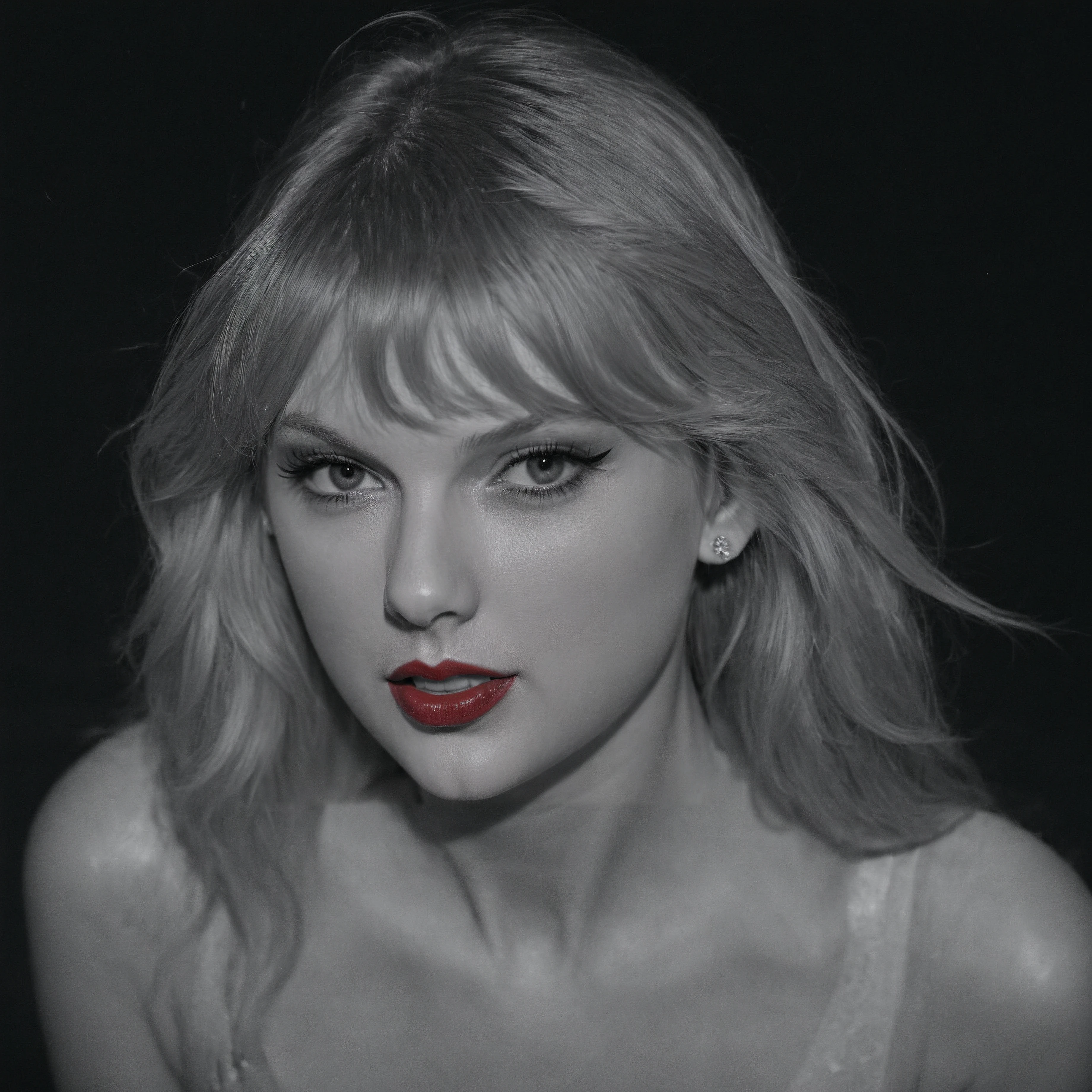 modernist photography of of taylor swift, <lora:TaylorSwift_SDXL_FULLB16:0.94> eyeliner, eyeshadow, long eyelashes, mascara, red lips, long blonde hair with fringe shot on Tri-X 400 cinematic lighting, in the sea, full-lenght shot, Night , Hands on the Cheeks Jumpsuit, long exposure filter
