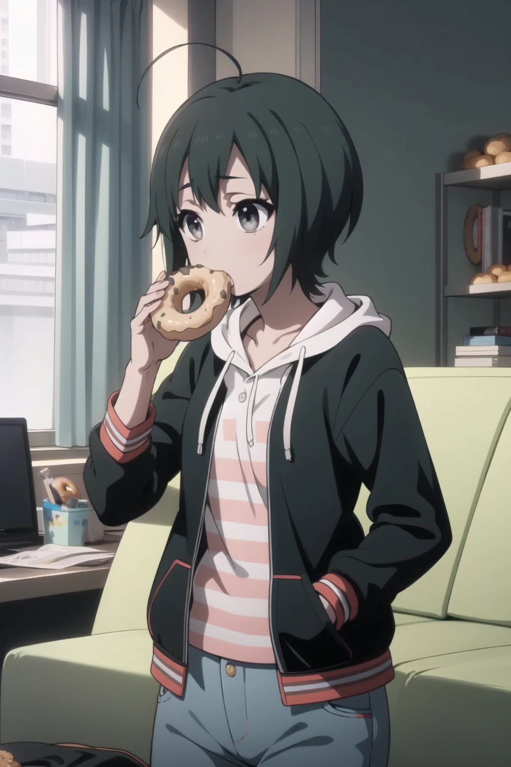 <lora:toudou-misa-v2-000007:1> toudou misa, 
black hoodie, open hoodie, striped shirt, jeans, capri pants,
1girl,
eating, messy room, couch, doughnut