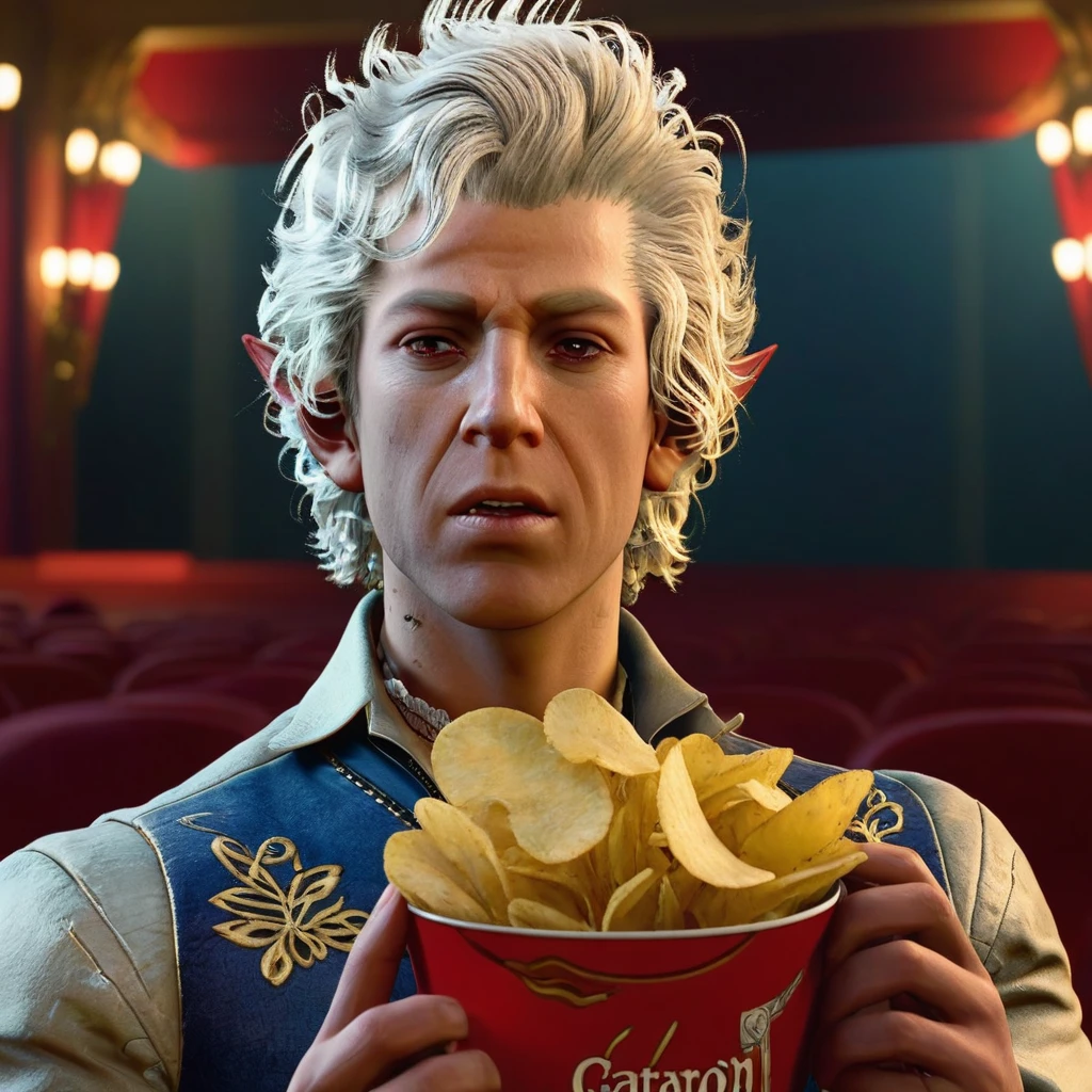 astarion eating potato chips in a cinema <lora:astarion:1>