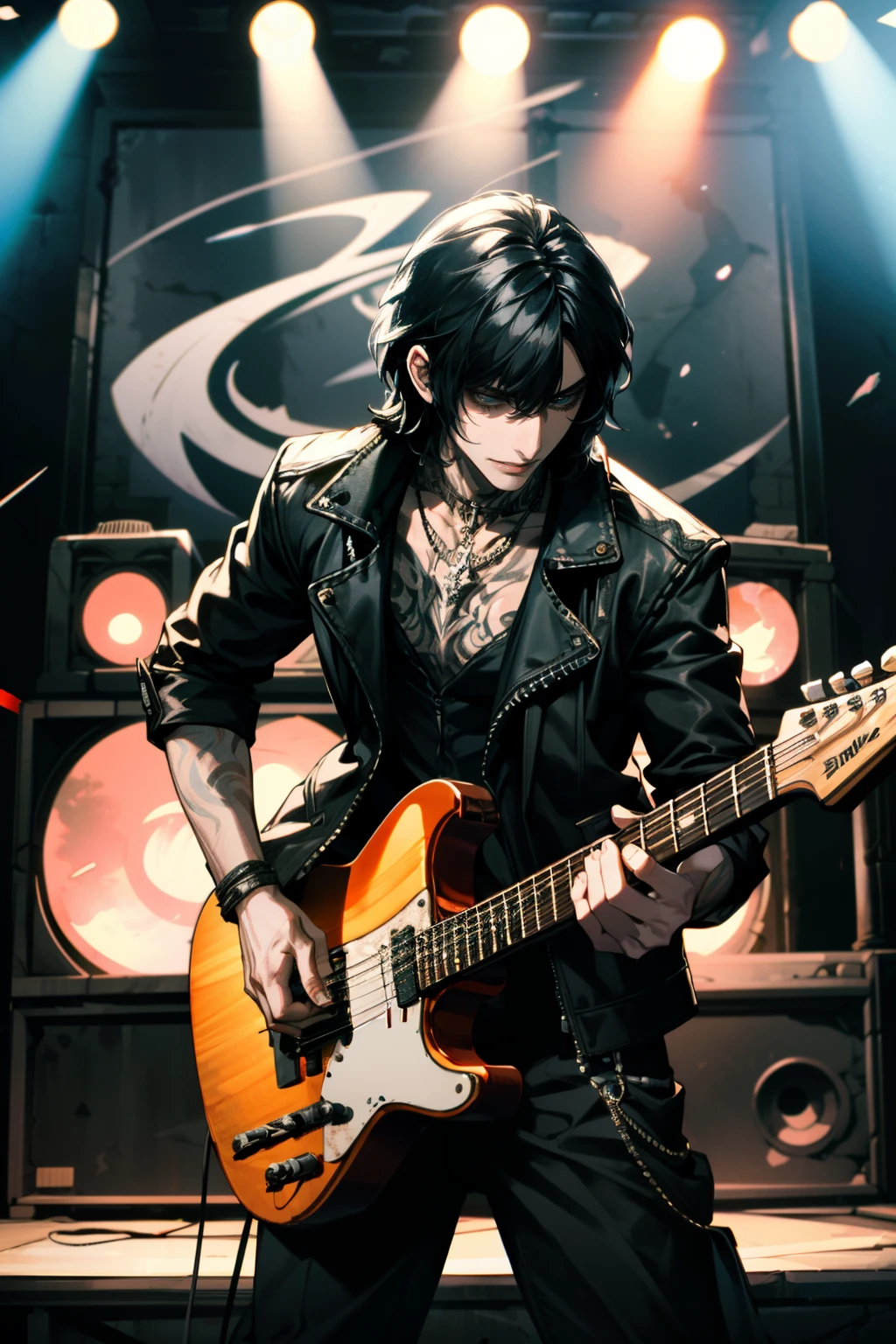 1 male,close up shot,focus on men,moderately muscular,The man is a guitarist and vocalist in a rock band.,neutral black short hair,the man is facing forward,A man is playing a black electric guitar,(masculine face),The man looks like he's half yellow and half white.,((Singing as if screaming: 1.3)),photoreal,rock musician costume,angry face,suffering,sorrow,anatomically correct,(masterpiece:1.3),(highest quality:1.4),(ultra detailed:1.5),High resolution,extremely detailed,unity 8k wallpaper,draw artistic background,(Draws an abstract and decadent image in the dark,with a large number of gray skeletons and colorful musical notes),(Please vary the size of the notes to create a sense of perspective),beautiful light and shadow,This image is a rock music poster,dark fantasy,intricate details,energetic,rock,cool,punk rock or hardcore music,concert venue lighting,BREAK,rock musician costume details,(masterpiece:1.3),(highest quality:1.4),(ultra detailed:1.5),The man is looking at this,Carefully draw hands