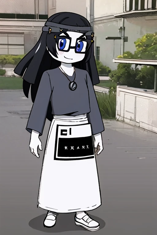 <lora:SoytanV1:0.7> soytan, black hair, necklace, medium length hair, head bend, glasses, pale skin, blue eyes, anime stlye, masterpiece , 1girl, full body, long skirt , detailed character