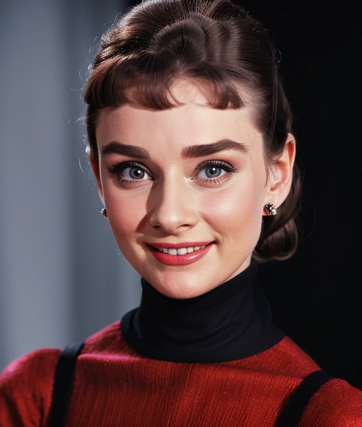 <a8dr1>, Ultra-HD-realistic-details, upper body, Black background, smile, Colorful dress, turtleneck, 60s style, Soft and sweet feature, jewelry