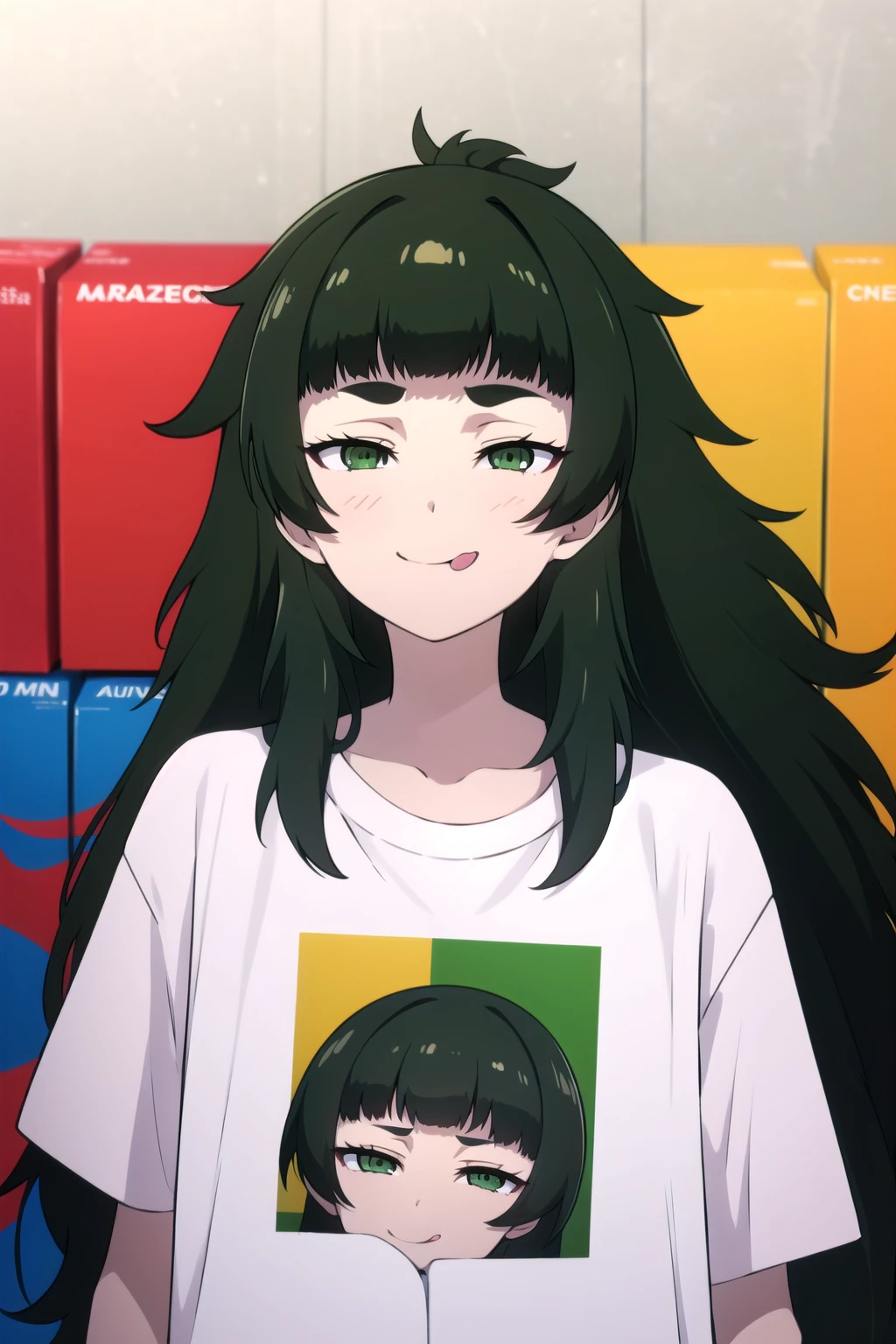 absurdres, highres, ultra detailed, <lora:MahoooV1-000009:1>, 1girl, maho, solo, black hair, blunt bangs, green eyes, very long hair, messy hair, white t-shirt, half-closed eyes, looking at viewer, smile, tongue out, <lora:Msgk_face:1>, simple background