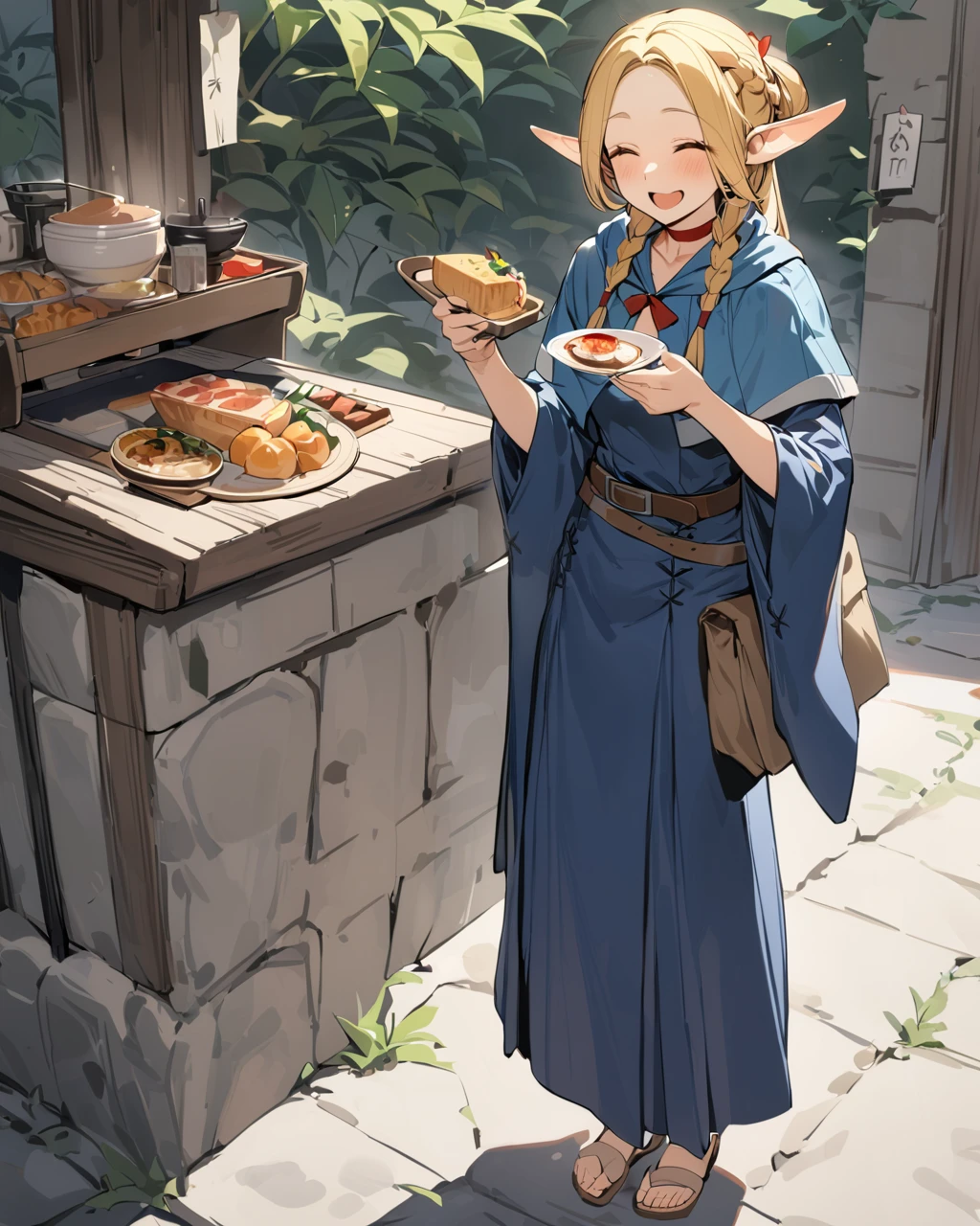 masterpiece, best qualityï¼ <lora:jingling:1>ï¼ 1girl, solo, blonde hair, pointy ears, braid, elf, long hair, closed eyes, sandals, robe, smile, twin braids, full body, open mouth, holding, belt, food, spoon, standing, dress, wide sleeves, holding spoon,?