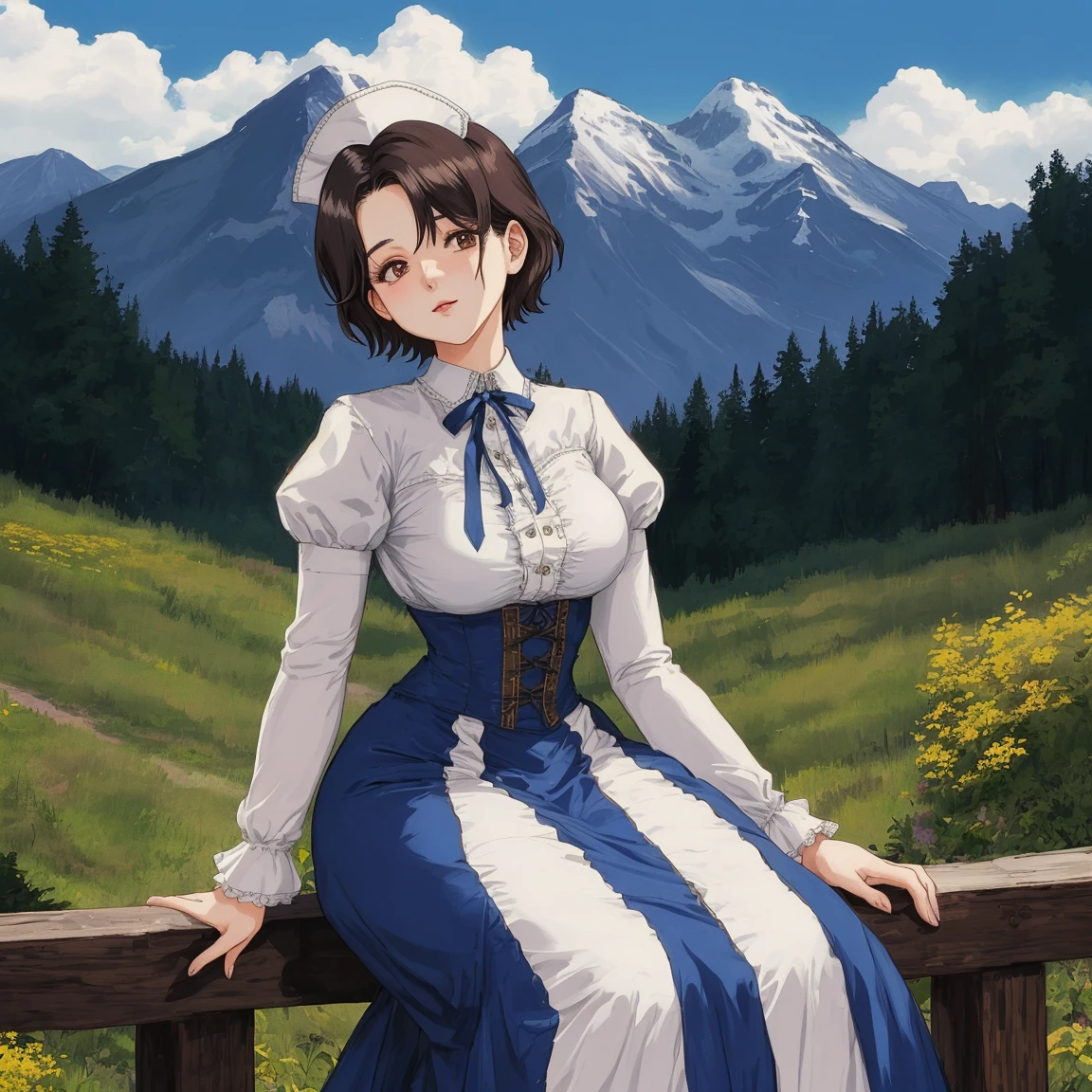 masterpiece HDR victorian,nurse portrait painting of woman, short hair, mountain nature, blue sky