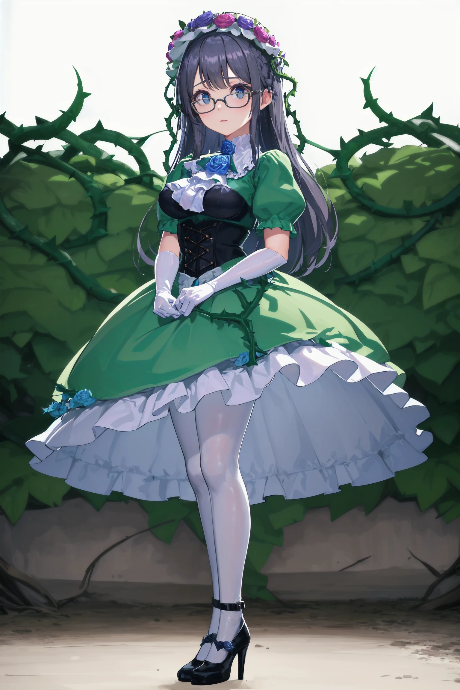 absurdres, high detail, uhd, forest, garden,
standing,
solo, marian, princessform, white headwear, head wreath, blue rose, purple rose, vines, blue-frammed eyewear, green dress, ascot, puffy sleeves, corset, white gloves, elbow gloves, long skirt, plant, thorns, white pantyhose, black footwear, high heels
<lora:MGCM-marianne-t1-000100:0.7>