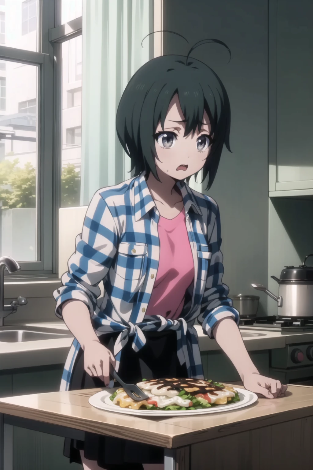 <lora:toudou-misa-v2-000007:1> toudou misa,
plaid shirt, open shirt, tied shirt, pink undershirt, black skirt, skirt,
1girl,
okonomiyaki, hungry, spatula