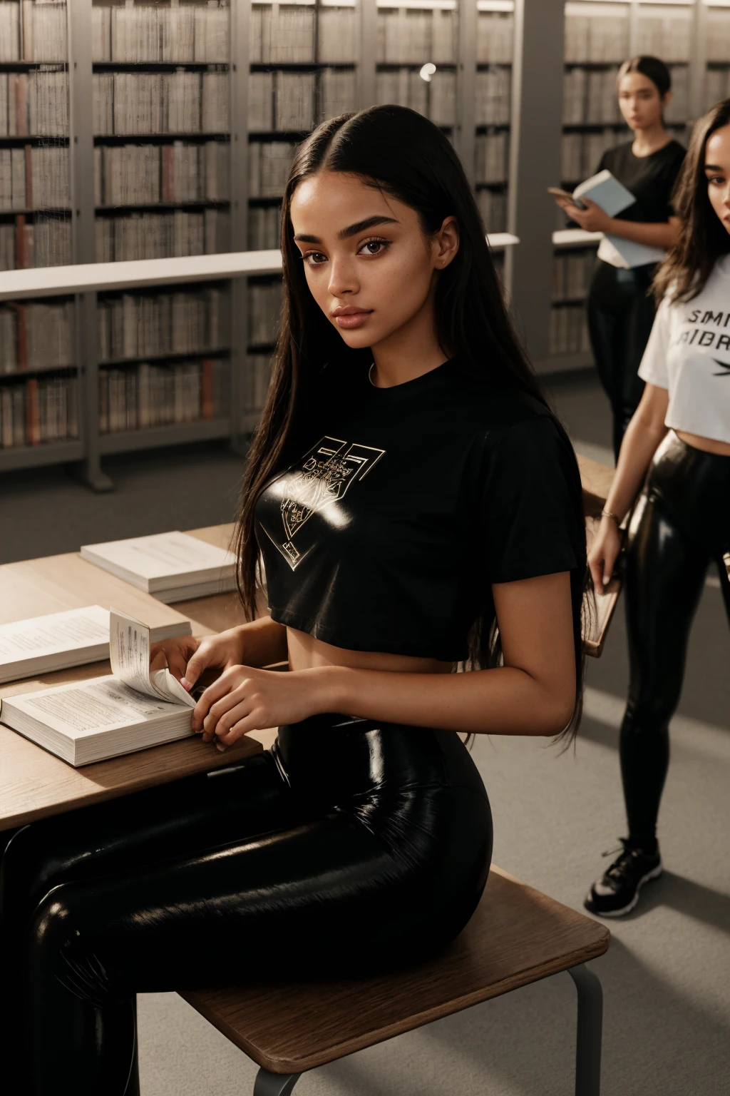 (CINEMATIC SHOT:1.4)(Packed College library:1.4) TrualityCampus_Dream(Shiny Black Leggings and Black T-Shirt:1.4)((Photo Focus, DOF, Aperture, insanely detailed and intricate, character, hypermaximalist, elegant, ornate, beautiful, exotic, revealing, appealing, attractive, amative, hyper realistic, super detailed, (lens flare:1.1) heresy flares))(studying:1.4)(library book shelves:1.5) <lora:people_count_slider_v1:4> (Sitting on a table with friends:1.6)