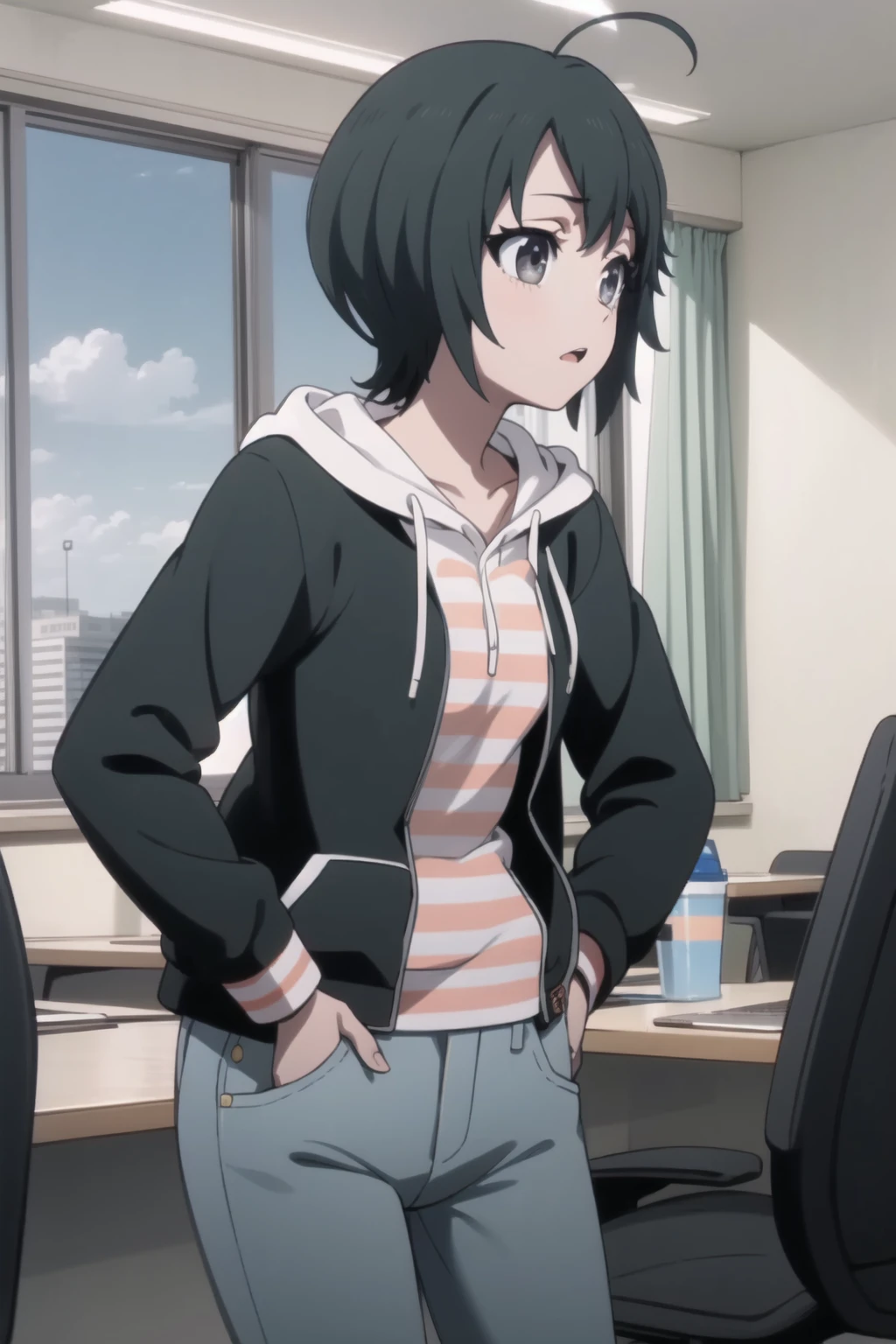 <lora:toudou-misa-v2-000007:1> toudou misa, 
black hoodie, open hoodie, striped shirt, jeans, capri pants,
1girl,
meeting room, presentation