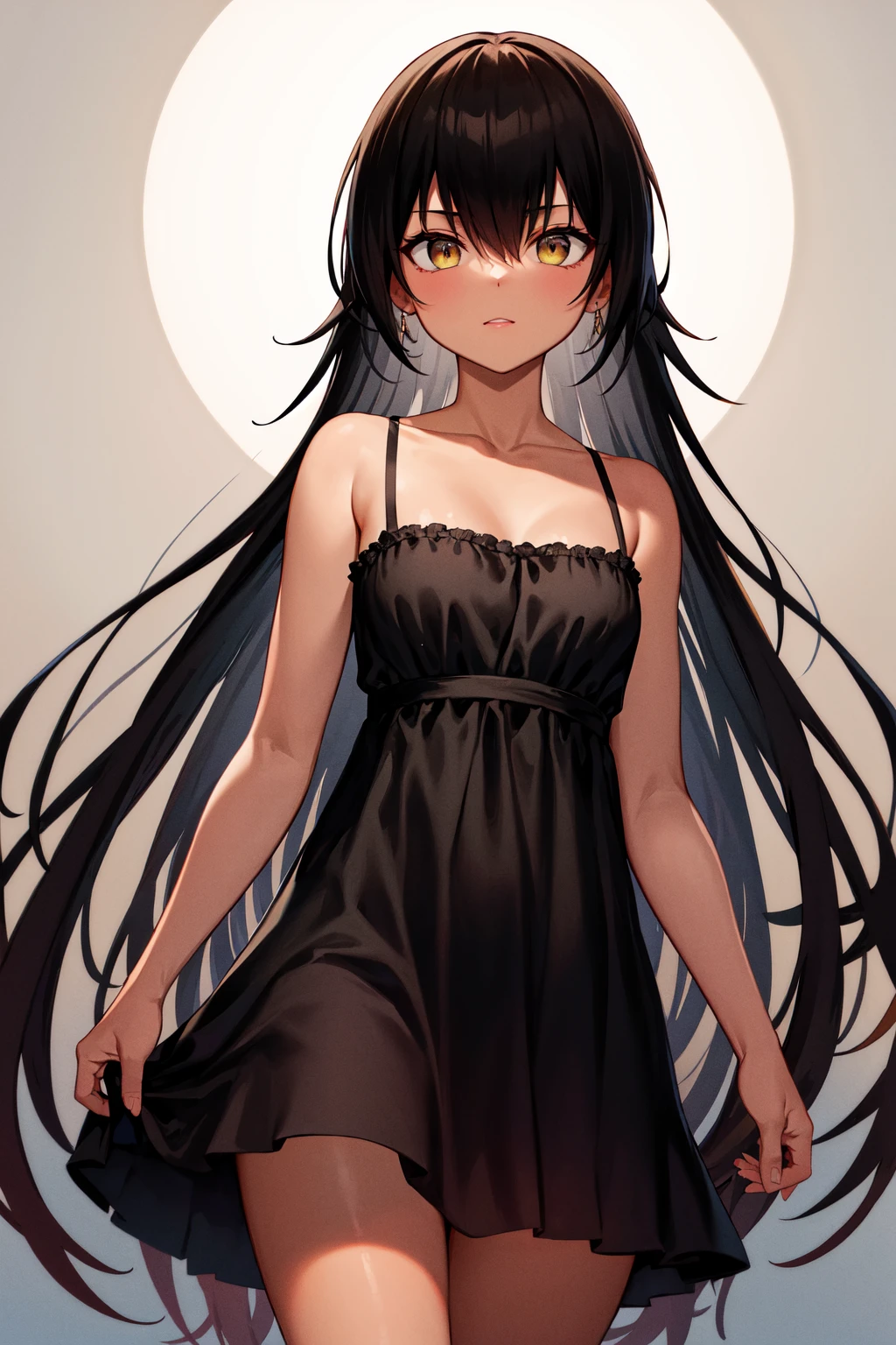 masterpiece, best quality, highres, aanemesis, long hair, black hair, dark skin, tan, bare shoulders, black dress, <lora:nemesis_v1:0.7>, standing,