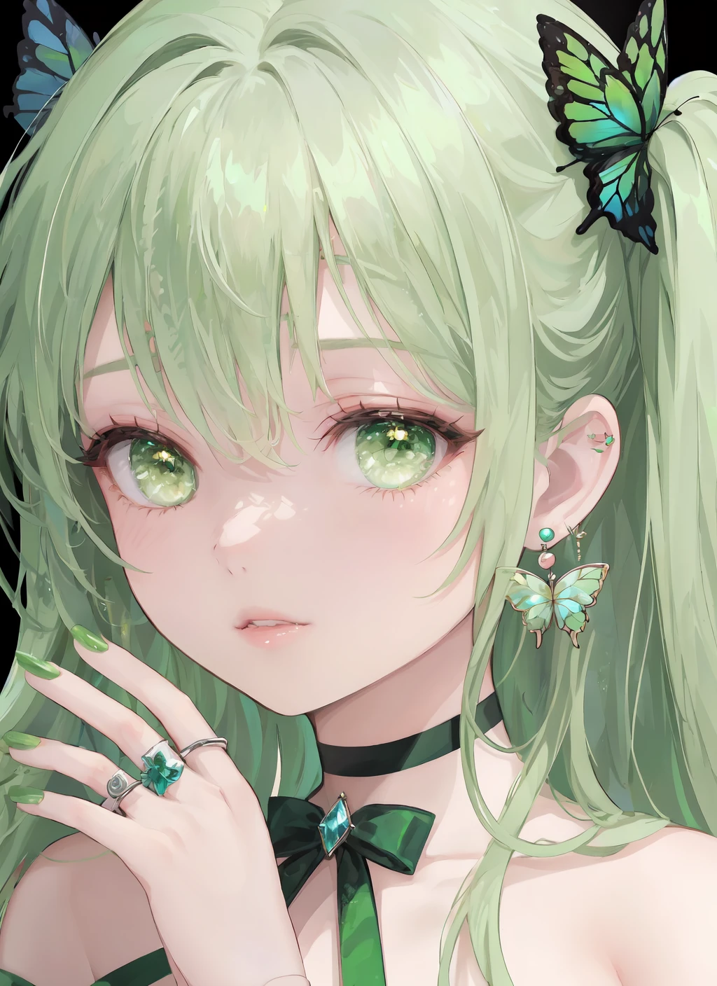 1girl, green nails, solo, jewelry, green eyes, earrings, gem, ring, long hair, green hair, bangs, looking at viewer, green gemstone, eyelashes, nail polish, portrait, choker, hair ornament, bow, nail art, ribbon, hand up, butterfly, lips, bug, parted lips, bare shoulders, close-up, yellow nails, green theme, green ribbon, glint, hy-style, beautiful eyes