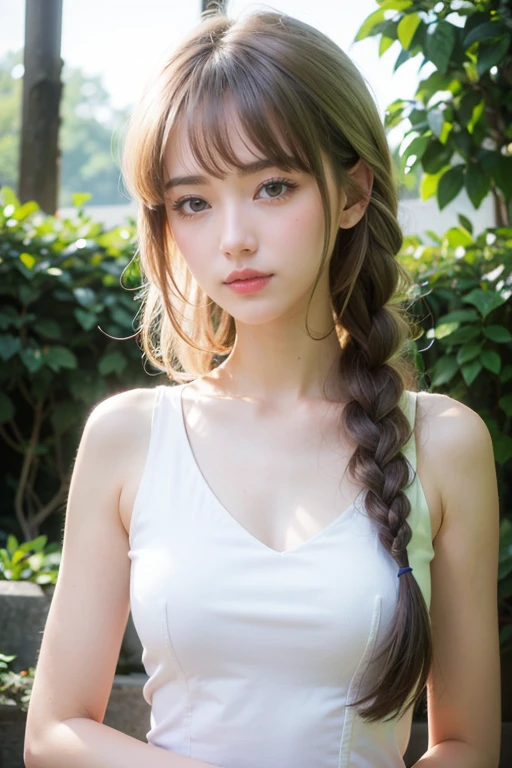highest quality, Realistic, 8K, High resolution, 1 Girl, woman, (Skin dents), (Portraiture:0.6), nice, ((White Background, Completely naked, Small breasts:1.65)), (Brown hair in braids, Parted bangs:1.4), Watching the audience, (1 Girl eyes Watching the audience:1.6), Realistic, (Bokeh), (Closed Mouth, smile:1.3), nice, Purelos Face_V1:1,