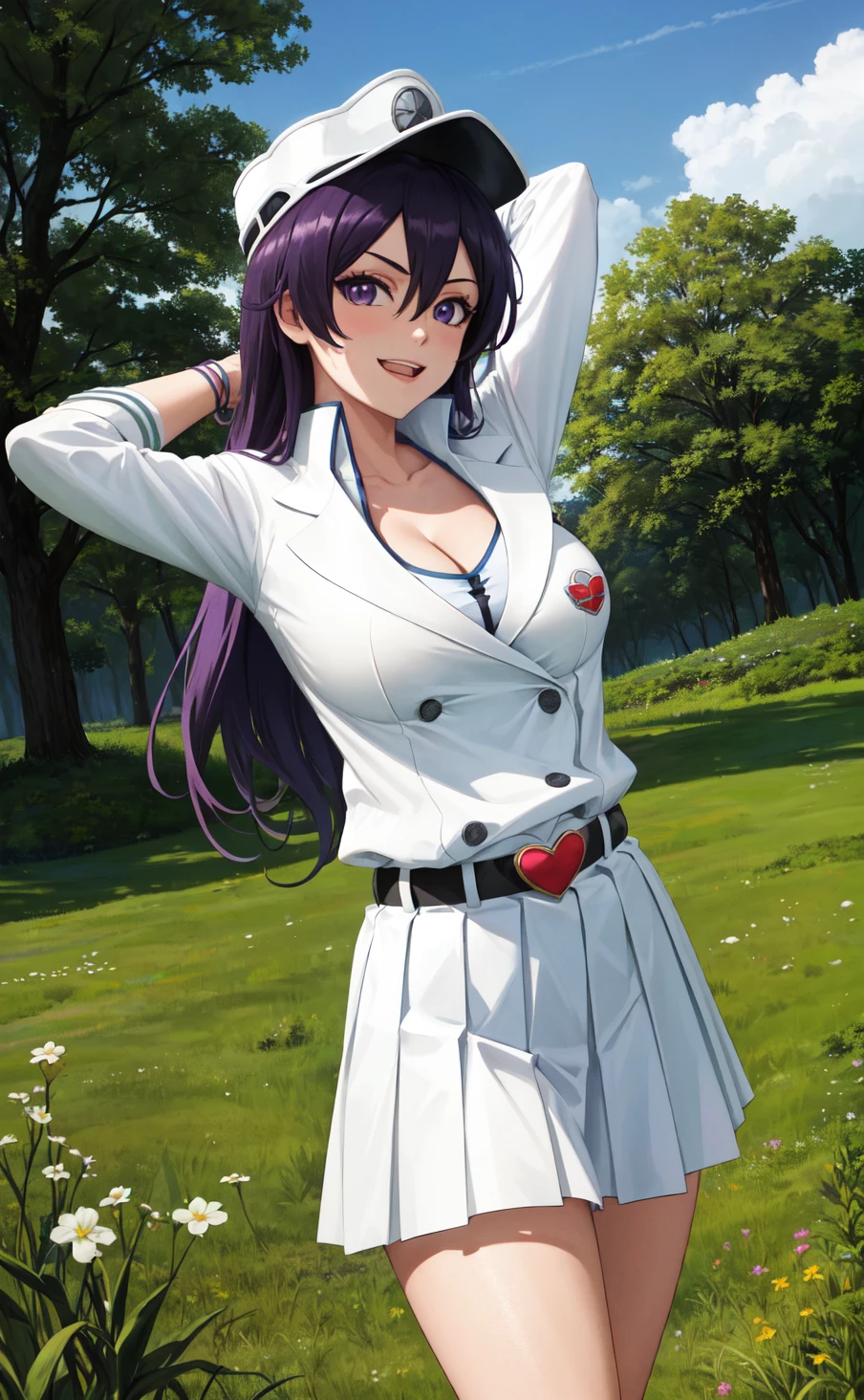 masterpiece, best quality, highres,
BambiettaDef, 1girl, solo, black hair, bangs, purple hair, purple eyes, hair between eyes, very long hair, brown eyes, long hair, breasts, large breasts,
cleavage, collarbone, no bra, skirt, long sleeves, hat, jacket, heart, pleated skirt, belt, uniform, groin, military, military uniform, white headwear, white jacket, white skirt, peaked cap, military hat,
<lora:LoRA_Bambietta:1>, cowboy shot, looking at viewer, arms behind head, outdoors, grass, field, forest, sunlight, cloudy, laughing,