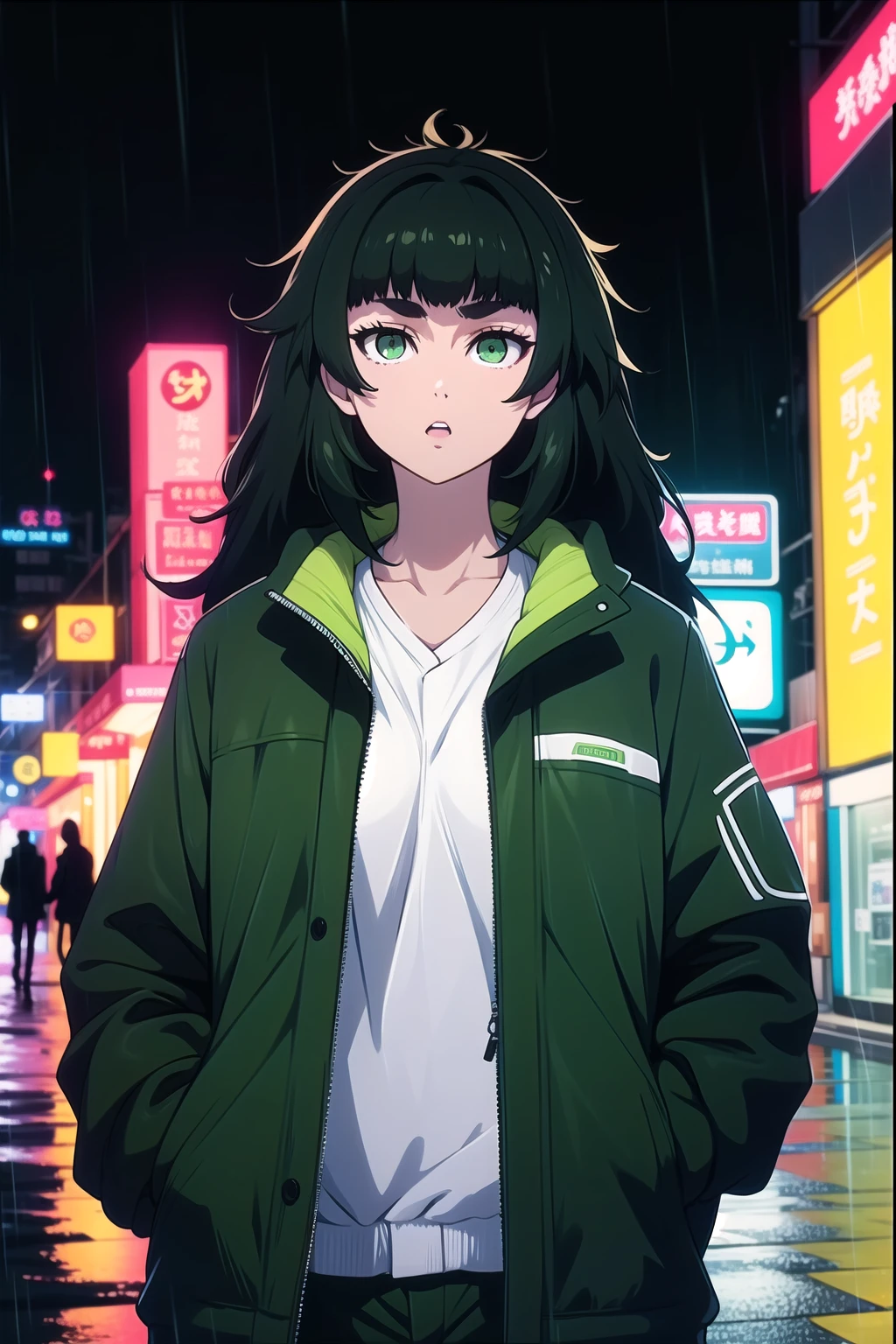 (best quality, irritability ,aesthetic,absurdres),select and generate best screen effect,((1girl,long-deepgreen-hair,green-eyes,orange-hooded-jacket)),,,neon lights,night city,starry sky,coat,from side,building,smoking,,