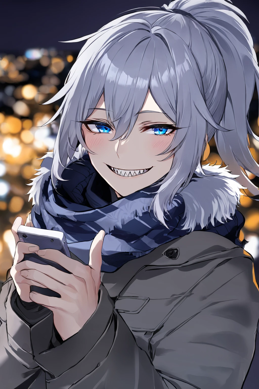 ratatatat74, 1girl, solo, looking at viewer, blush, smile, blue eyes, hair between eyes, ponytail, grey hair, teeth, scarf, grin, blurry, sweater, coat, fur trim, night, sharp teeth, winter clothes, selfie, city lights, Perfect Hands, <lora:neg4all_bdsqlsz_xl_V7:0.8>, <lora:Perfect Hands:0.8>, <lora:ratatatat74-000050:0.6>