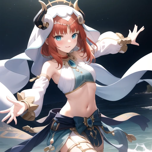 ((masterpiece)), (best quality), 8k, ultra-detailed, nilou (genshin impact), desert, long red hair, small breasts, 1girl, nilou_genshin, default_dress, white top, blue skirt, navel, HEADDRESS, <lora:Nilou-000060:1>, dynamic pose, (simple necklace or bracelet as accessories), (beautiful detailed shiny eyes:1.2). disheveled hair, realistic painting style, artistic pose, white long stockings, horns, detailed hands, blue skirt, hat, blue eyes, standing