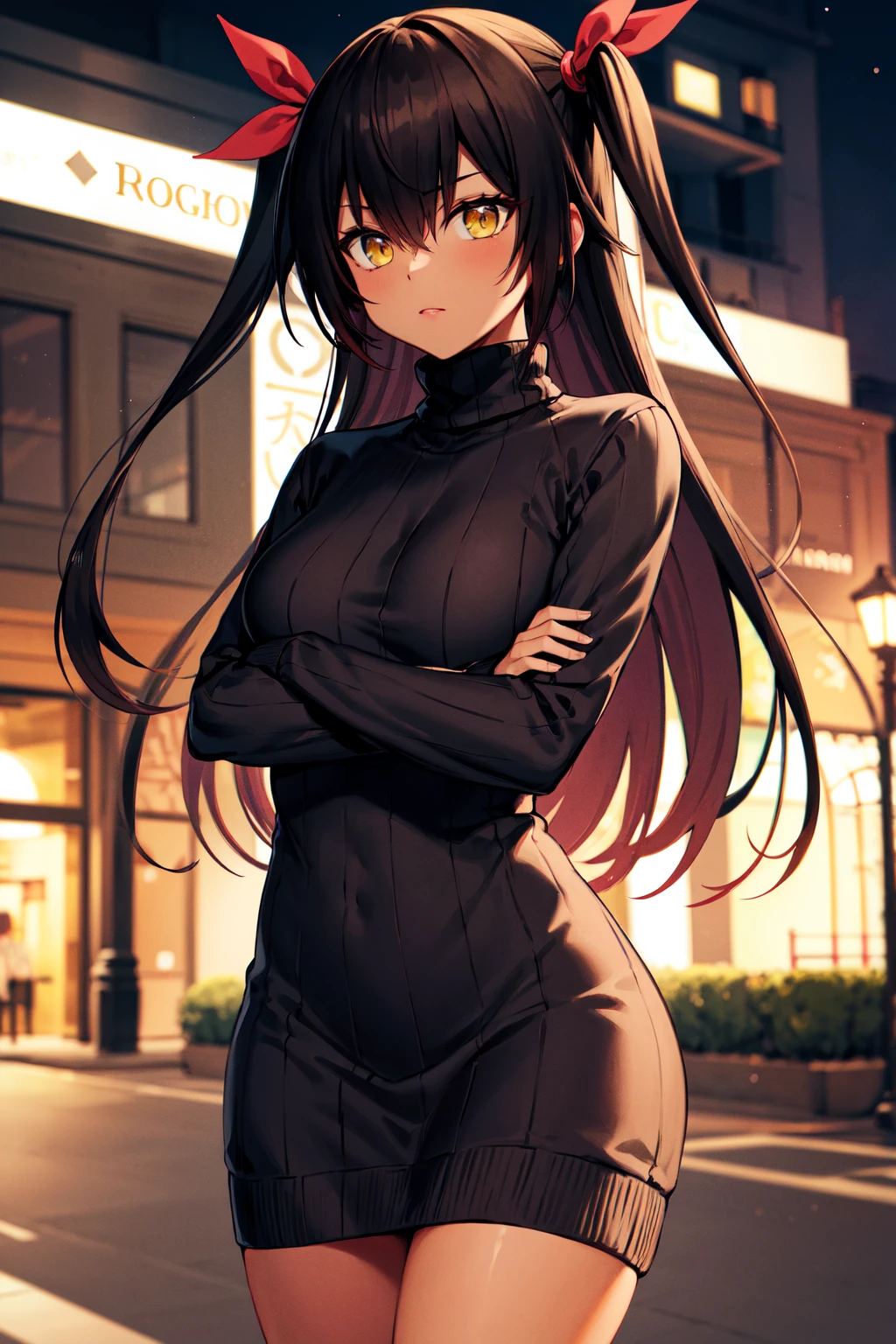 masterpiece, best quality, highres, aanemesis, long hair, black hair, two side up, hair ribbon, tan, dark skin, <lora:nemesis_v1:0.7>, sweater dress, ribbed sweater, turtleneck, crossed arms, night, street,