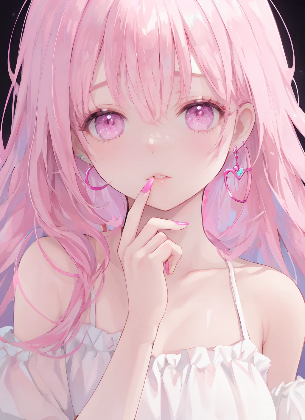 1girl, solo, looking at viewer, pink hair, earrings, jewelry, pink eyes, parted lips, pink nails, bangs, upper body, nail polish, bare shoulders, hy-style, beautiful eyes