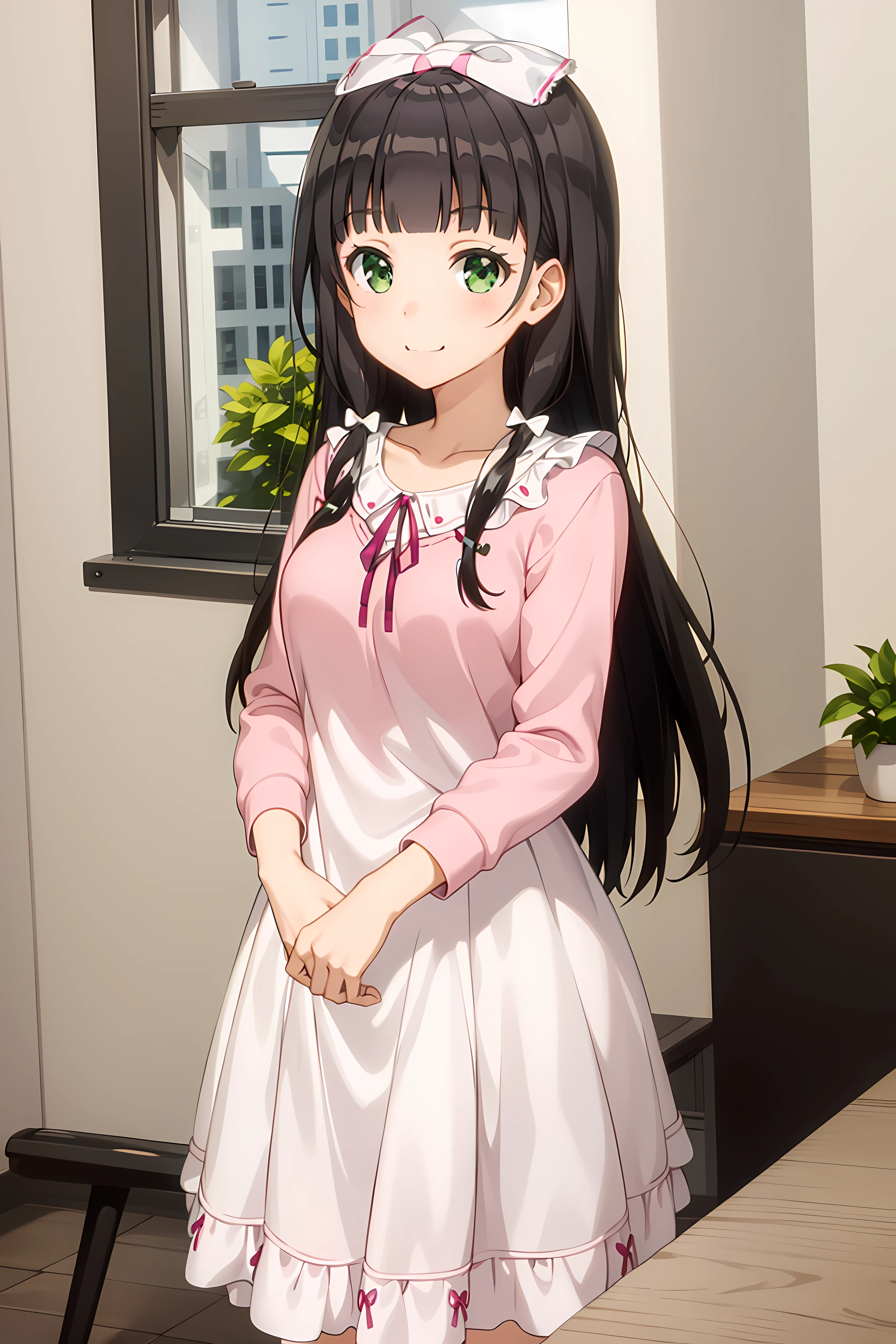 best quality, masterpiece, detailed,
<lora:ImoutoSaeIrebaIi_MikuniyamaKaiko:0.9>, MikuniyamaKaiko,
solo, closed mouth, smile,
long hair, brown hair, green eyes, hair bow, white bow,
KaikoDress, pink dress, ribbon,
standing, looking at viewer,
indoors, office, table, window