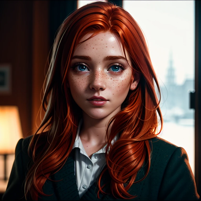 cinematic photo (art by Mathias Goeritz:0.9) , photograph, Lush Girlfriend, Tax collector, Rich ginger hair, Winter, tilt shift, Horror, specular lighting, film grain,(cinematic still:1.2), (freckles), professional, 4k, highly detailed