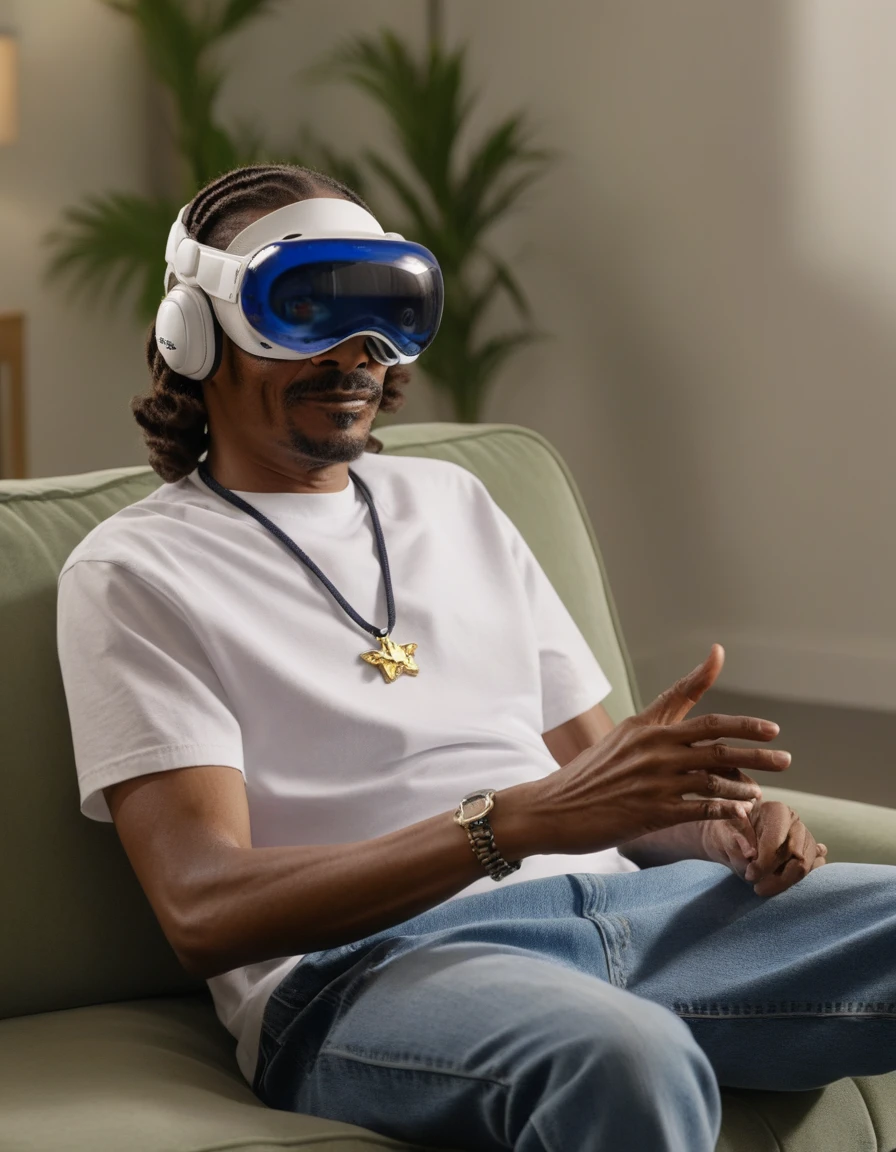 Snoop Dogg is  wearing vsnz headset  <lora:AppleVisionProDoguXL_vsnz:1>