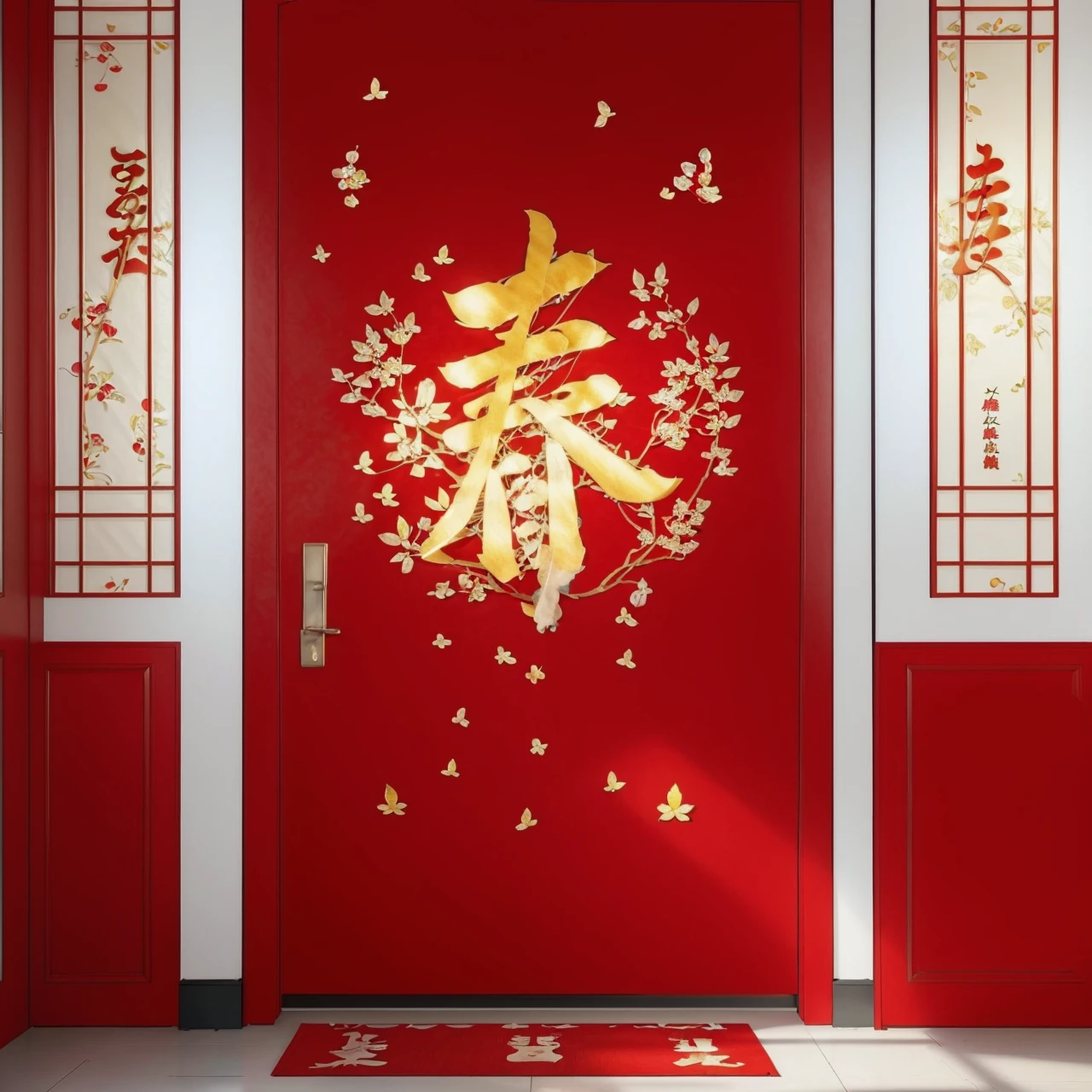 masterpiece,  best quality,  absurdres,  extremely detailed,  illustration,  perfect lighting, 
On the living room wall,  there is a (small red diamond-shaped paper:1.15) (with the character 'æ¥':1.1 )(written on it pasted on the door).,  chun lian,  photorealistic,  Outdoor_Couch,<lora:EMS-261223-EMS:0.900000>,<lora:EMS-251878-EMS:0.800000>