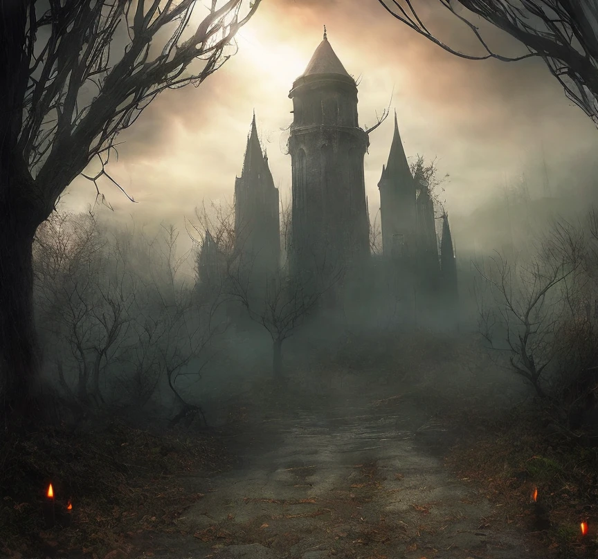 (masterpiece:1.2), (best quality,:1.2), 8k, HDR, ultra detailed, ((photorealistic)), professional light, cinematic lighting, fashion photography, ambient lighting, background, a dark gothic tower in a clearing of a sinister forest, Darkness, <lora:Darkness-10:1>, epiCPhoto,