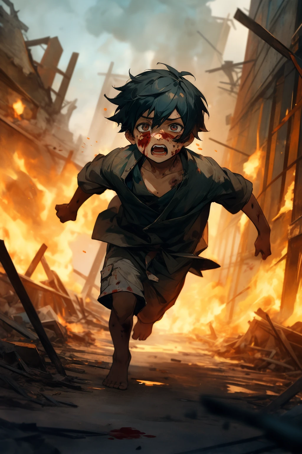 1boy,dirty,dirty face,burning,open mouth,barefoot,blood on face,ruins,running,black hair,child,criin,<lora:麻è¢2024-016:0.7>,, masterpiece,best quality,ultra-detailed,