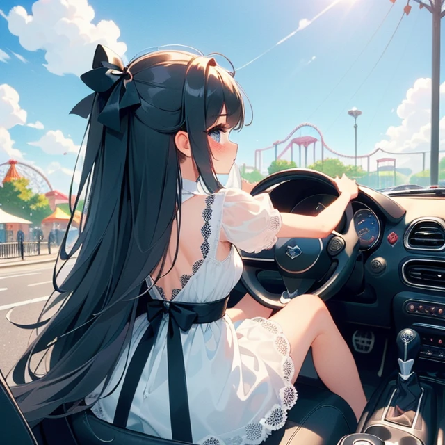 (((masterpiece))),  (((best quality))),  (((from behind))),  (((profile))),  (((looking viewer))),  (((half body))),  ((1girl sitting on mini car)),  ((ground in amusement park)),  hands on steering wheel,  white lace gothic cute little dress,  wind,  ribbon longhair,  shy,  blush,<lora:EMS-262092-EMS:0.800000>