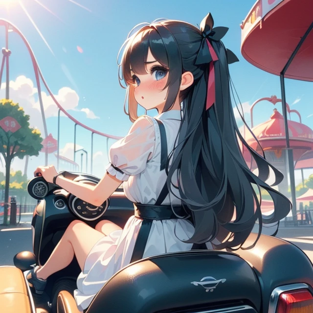 (((masterpiece))),  (((best quality))),  (((from behind))),  (((looking viewer))),  (((half body))),  (((1girl sitting on mini car))),  (((ground in amusement park))),  ((one-hand on steering wheel)),  bumper car,  mint cute little dress,  wind,  ribbon longhair,  shy,  blush, driving cabrio,<lora:EMS-262092-EMS:1.000000>