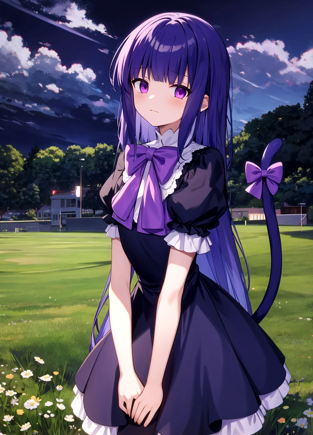 masterpiece, best quality, outdoors, concrete field, frederica bernkastel, hands behind your back, background empty field to the horizon, dark background, , dark clouds sky , 1girl, tail, solo, purple eyes, dress, long hair, cat tail, blue hair, bow, socks, ribbon, kneehighs, frills, White background, <lora:Frederica Bernkastel anyloraCheckpoint8ep20r512512-000003:0.7>