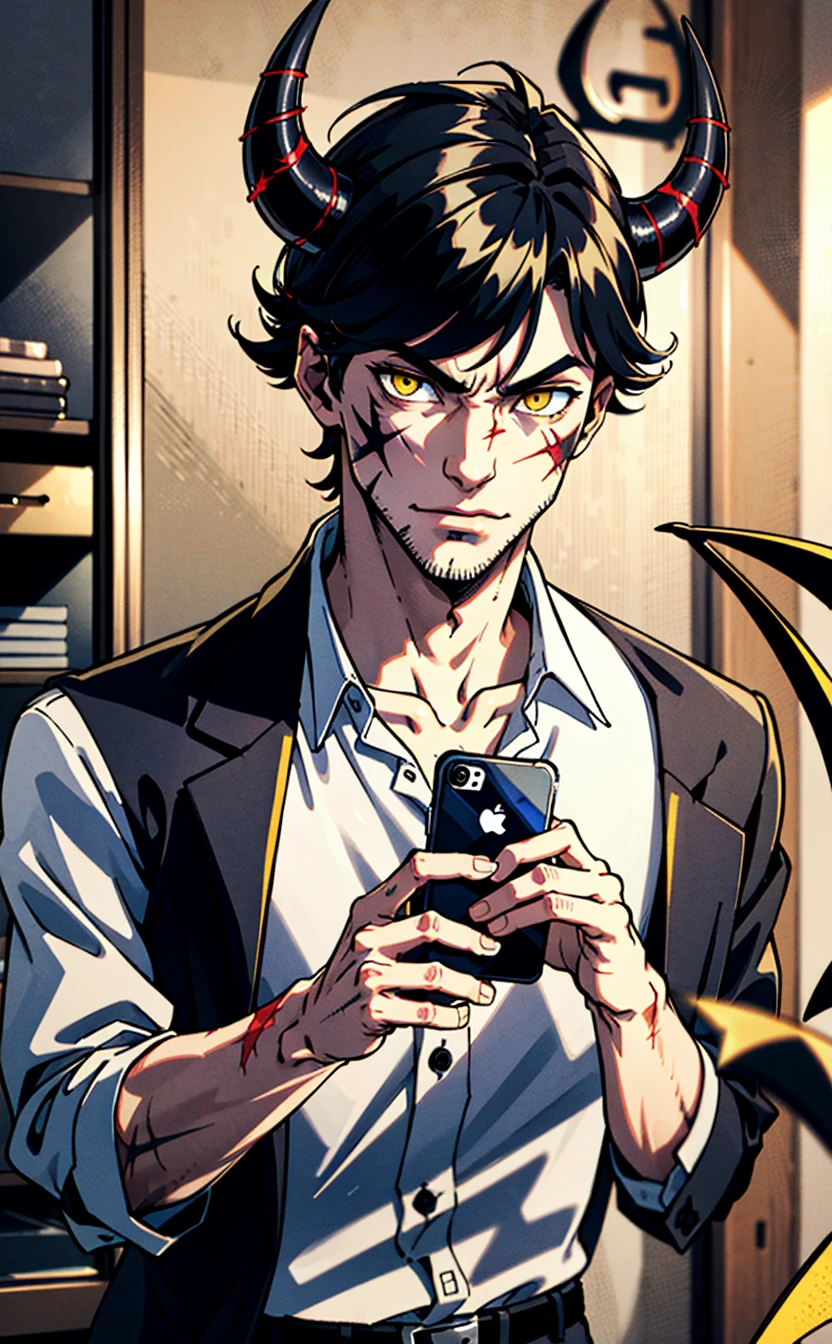 handsome male,white shirt,mammon,black hair,short hair,yellow eyes,demon horns,scar,holding_phone,