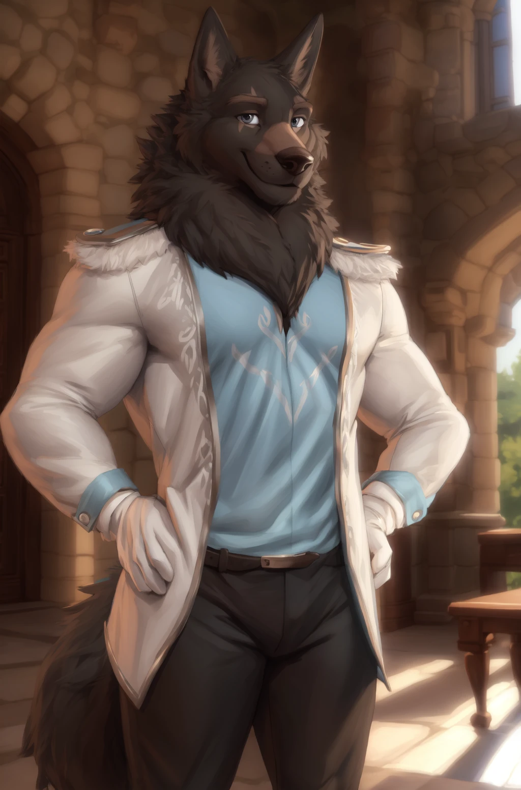 <lora:lyall-06:1>, lyall, male, muscular, tail, wolf tail, (pose:1.3), (posing:1.3), (soft shading), 4k, hi res, ((detailed face, (detailed eyes:1.0), detailed)), (full body), by zackarry911, by zaush, (by personalami:0.5), looking at viewer, smile, castle, inside, shirt, gloves, long sleeves, jacket, male focus, pants, white gloves, hand on hip, (black pants:1.2), blue shirt, blue shoulder pads,