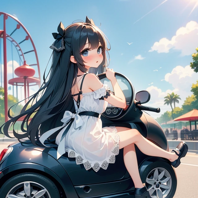 (((masterpiece))),  (((best quality))),  (((from behind))),  (((from side))),  (((looking viewer))),  (((half body))),  ((1girl sitting on mini car)),  ((ground in amusement park)),  hands on steering wheel,  white lace gothic cute little dress,  wind,  ribbon longhair,  shy,  blush,<lora:EMS-262092-EMS:0.800000>