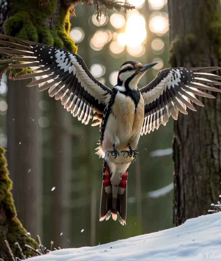 p1c1or <p1c1or>, Ultra-HD-realistic-details, upper body, Spectacular light, ((Forest, moss)), Sunset, snow, ((Open wings)), In flight