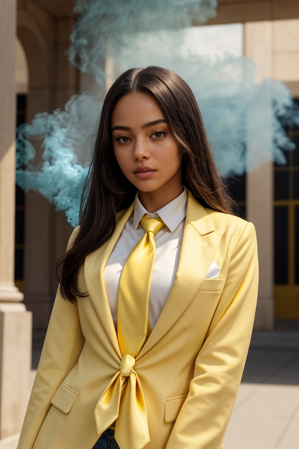 (CINEMATIC SHOT:1.4)(Crowded College Campus:1.4) ((CLOSE-UP SHOT, ZOOM ON FACE:1.3)) (The 21 year old College Girl:1.4) TrualityCampus_Terree (Blonde Long Hair.1.3) (tucked White Formal Shirt 1.3)(Yellow Blazer:1.4)(Necktie:1.5)(Jeans:1.4)((Photo Focus, DOF, Aperture, insanely detailed and intricate, character, hypermaximalist, elegant, ornate, beautiful, exotic, revealing, appealing, attractive, amative, hyper realistic, super detailed, heresy flares))(volumetric yellow smoke:1.3) (standing in front of a college entrance)