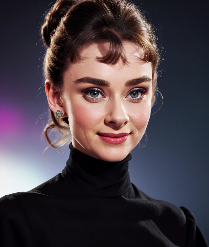 <a8dr1>, Ultra-HD-realistic-details, upper body, Black background, smile, Colorful dress, turtleneck, 60s style, Soft and sweet feature, jewelry