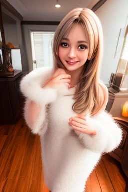 (masterpiece), (best quality), (extremely detailed), photo realistic, (1girl), solo, (pretty cute girl), looking at viewer, slender, smile, full body, indoors, hands, fluffy, extremely detailed wallpaper, (parfect detail features), 8k, UHD, <lora:128-256_v1:1>, hands, realistic,