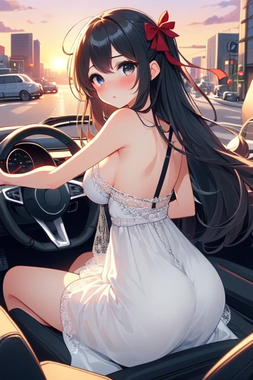 (((masterpiece))), (((best quality))), ((girl driving cabrio on busy street)), ((from behind)), ((looking viewer)), ((windshield)), one-hand fingers holding on steering wheel, (((red strap cut-out gown))), ribbon, black longhair in wind, cleavage, big tits, shy, blush, stockings, sitting, sunset,<lora:EMS-260531-EMS:0.800000>