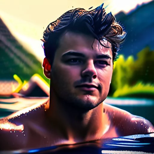 Brent Corrígan25 years old, (fit body: 1.5), (big muscle: 1.4) bathing under a waterfall
