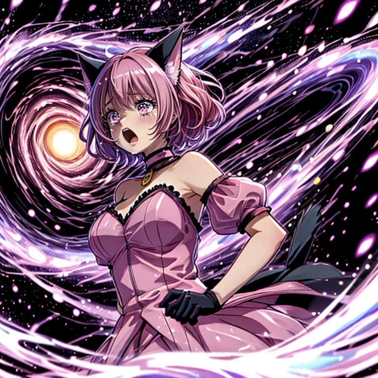 ((top quality, 8k wallpaper)),(masterpiece, best quality),extremely detailed,high definition,(official art:1.3),(((anime screencap,black outline))),<lora:more_details:0.3>,<lora:LCM_LoRA_Weights_SD15:1>,1girl,solo,scared,panicking,constricted pupils,screaming,raised eyebrows,wide-eyed,crying,tears,
BREAK
<lora:momomiya_ichigo_v2:0.75>, mi1,pink choker,cat girl,short hair,cat ear,pink hair,choker,large breasts,magical girl,cleavage,detached sleeves,dress,gloves,pink dress,puffy detached sleeves,puffy sleeves,red gloves,ribbon,tail,tail bell,tail bow,tail ornament,bow,cat tail,
BREAK
<lora:inWormhole:0.4>,(((wormhole,galaxy,sparkle,glowing))),