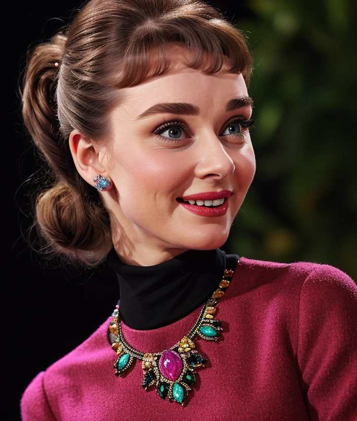 <a8dr1>, Ultra-HD-realistic-details, upper body, Black background, smile, Colorful dress, turtleneck, 60s style, Soft and sweet feature, jewelry