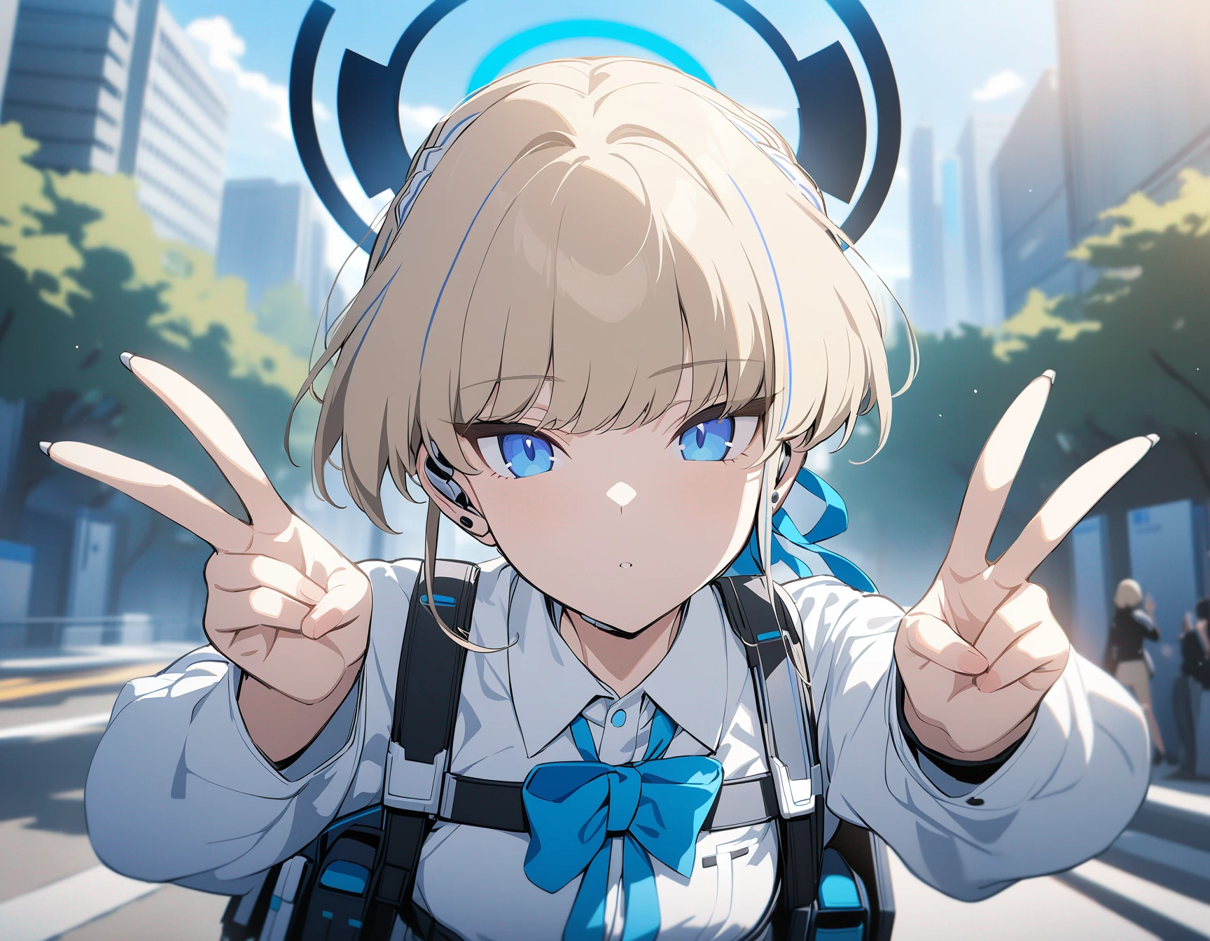 1girl, toki \(blue archive\), blue archive, game cg, solo, double v, looking at viewer, upper body, cinematic angle, depth of field, outdoors, masterpiece, best quality