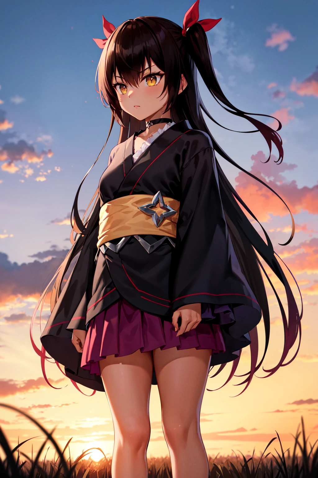 masterpiece, best quality, highres, aanemesis, long hair, black hair, two side up, hair ribbon, tan,. dark skin, black choker, frills, japanese clothes, (black kimono:1.2), obi, purple skirt, <lora:nemesis_v1:0.7>, sunset, standing, field, serious