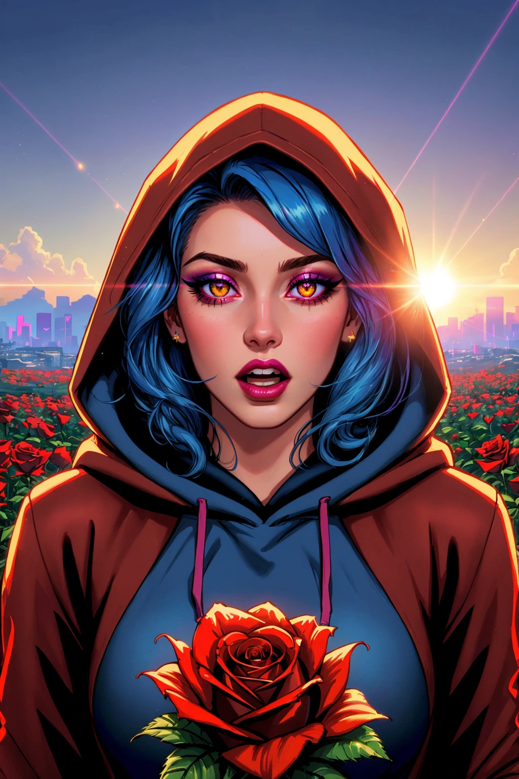 synthwave, vaporwave, synthwave punk, nvinkpunk, (masterpiece, best_quality, ultra-detailed), epic, illustration, render, volumetric lighting, LoFi Aesthetic, (masterpiece, best quality, ultra-detailed, highres), 1girl, blue hair, eyelashes, eyeshadow, fingernails, flower, glowing, heart, hood, hood up, lips, lipstick, long hair, looking at viewer, makeup, red flower, red rose, rose, solo, teeth, open mouth, yellow eyes, (fantasy), (lens flare, light leak, prismastic), Unreal Engine 5, (side-lighting), rule of thirds, 4 point perspective, vantage point, realistic